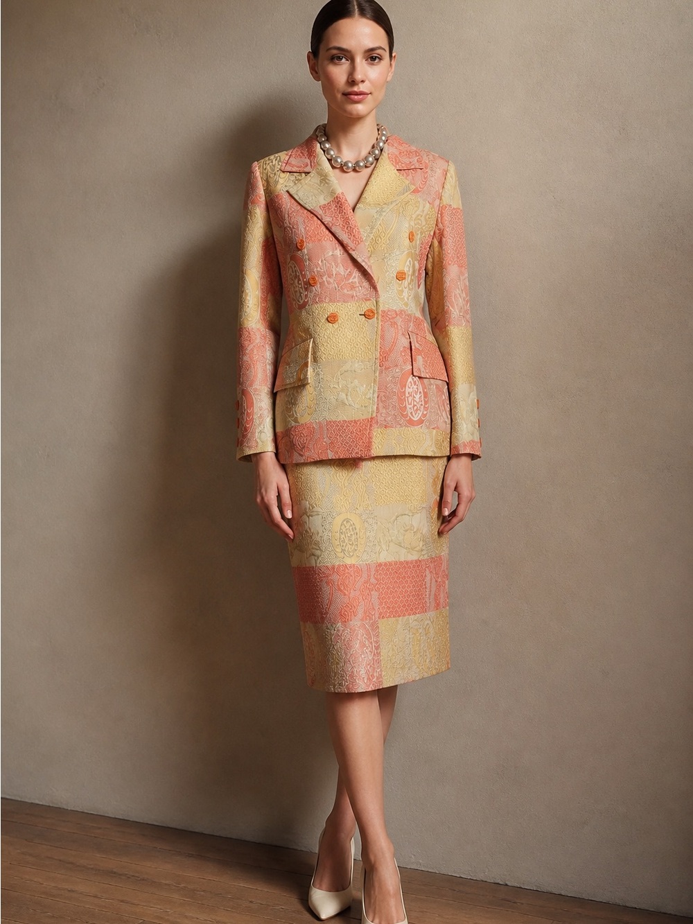Christian Lacroix Coral & Pale Yellow Brocade Double-Breasted Blazer